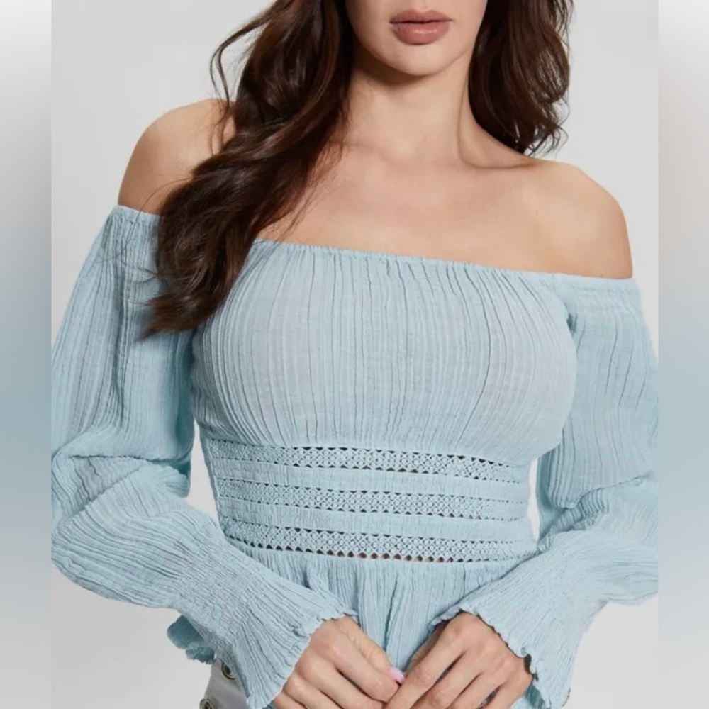 Guess Light Blue Off-Shoulder Top